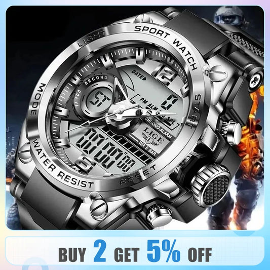 LIGE Men Military Watch Digital 50m Waterproof Wristwatch LED Quartz Clock Sport